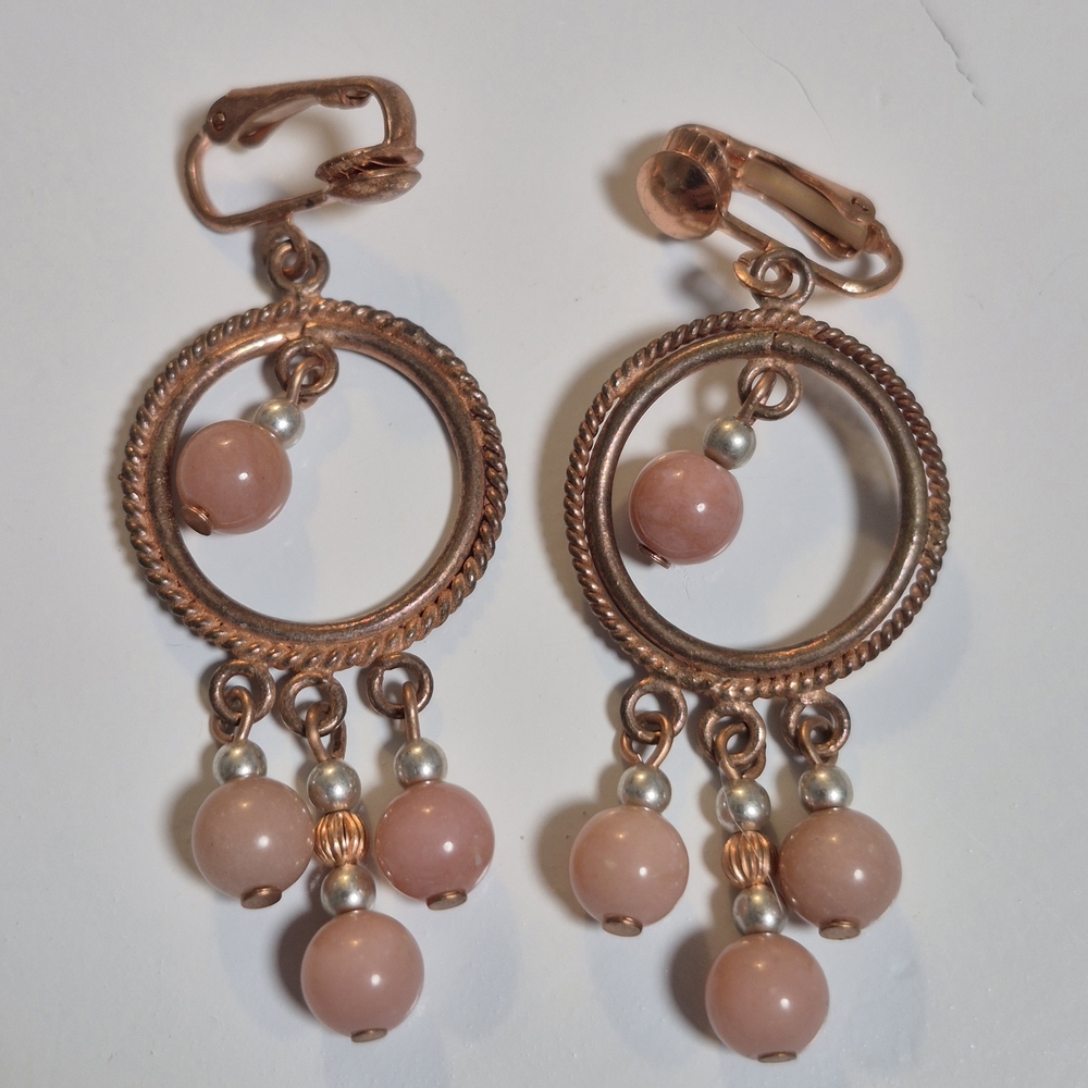 Vintage Solid Copper Rose Gold Pink Beaded Hoop Dangle Drop Clip-on Earrings